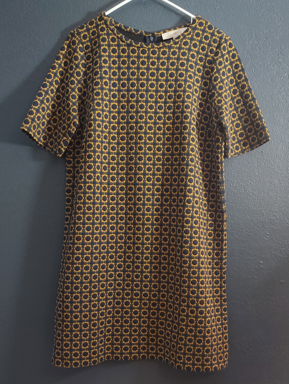LOFT Gold Navy Geometric Academia Fall Shift Dress Size Large